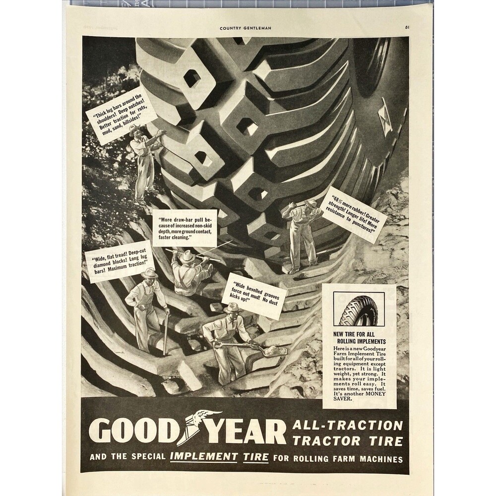 Goodyear All-Traction Tractor Tire "For Rolling Farm Machines" Vtg Print Ad 1936